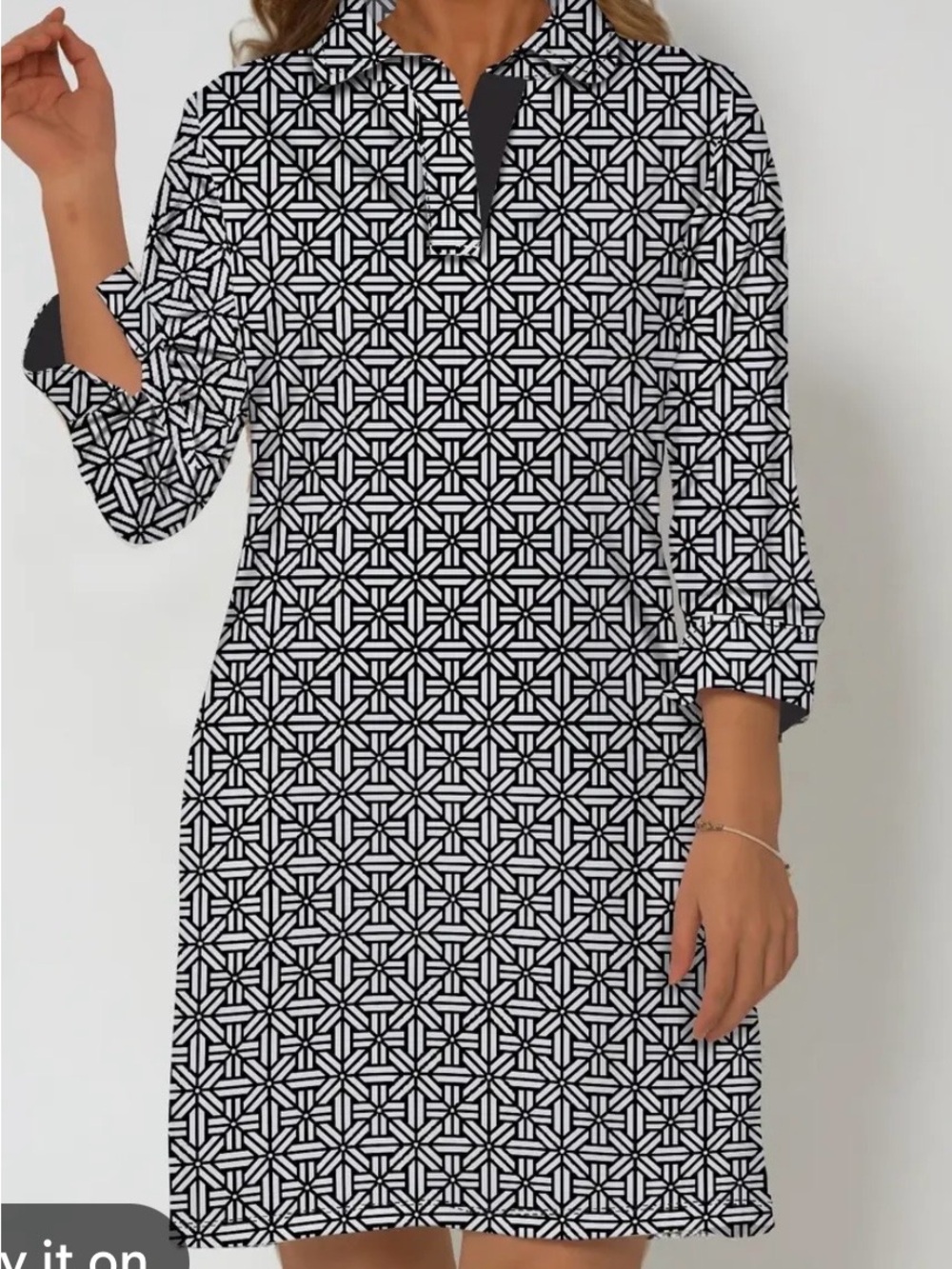 Calvin Klein Black and White Geometric Midi Shirt Dress